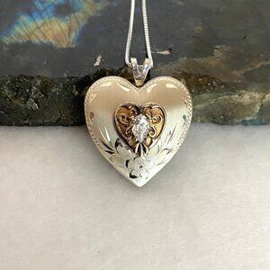VTG Brushed Sterling Silver 925 PPC CZ Heart Photo Locket Pendant Necklace 20"